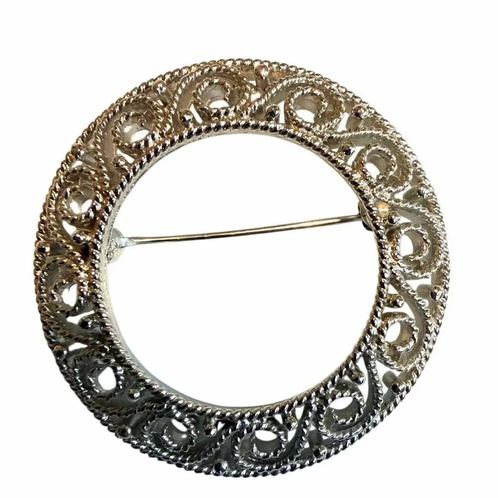 Vintage Silver Tone Openwork Filigree Circle Brooch